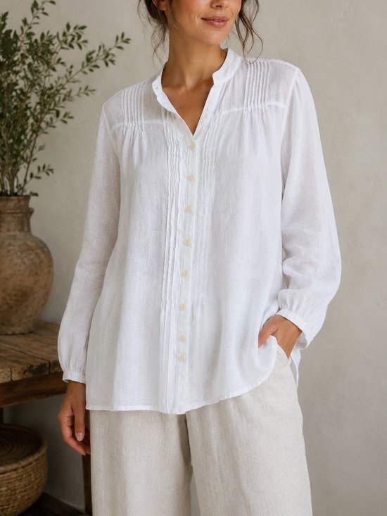 CP Shades Tops - CP Shades White 100% Linen Pintuck Button Front Tunic Blouse USA Small